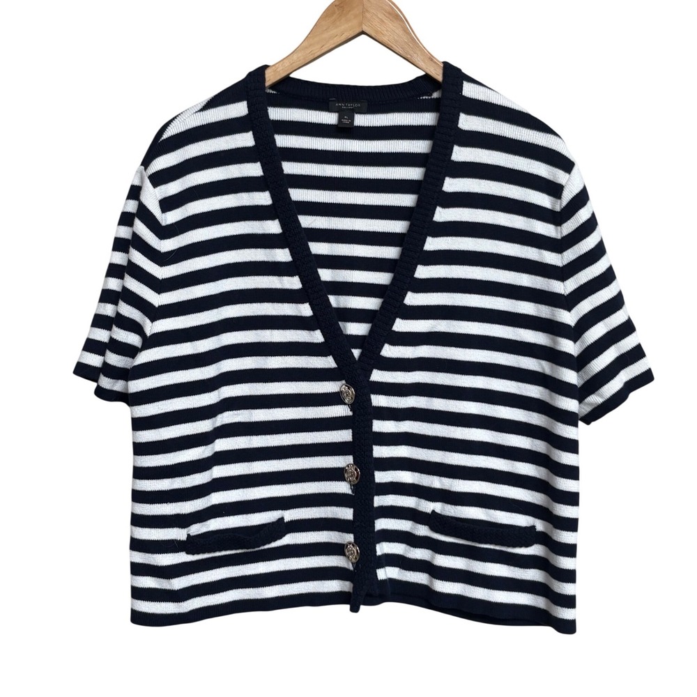 Ann Taylor Factory Navy Blue White Striped Short Sleeve Cardigan Sweater XL